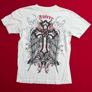 Vintage Avirex Y2K SIZE L Studded White Cross Wings Graphic T-Shirt STRIPES